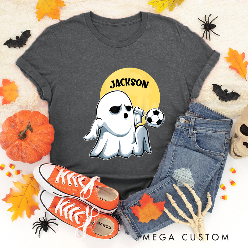 Personalized Halloween Soccer T-Shirt with Cute Ghost and Custom Name Design