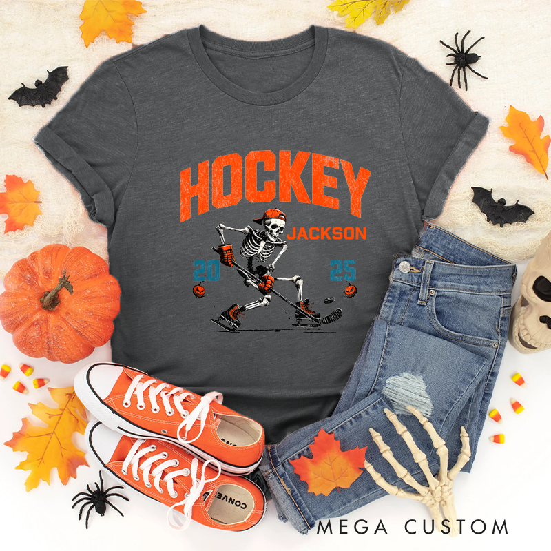 Personalized Halloween Hockey T-Shirt with Skeleton, Custom Name, and Year Design