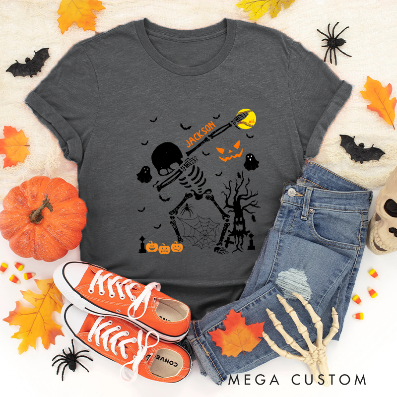 Personalized Halloween Softball T-Shirt with Skeleton, Bat, Custom Name, and Number Design