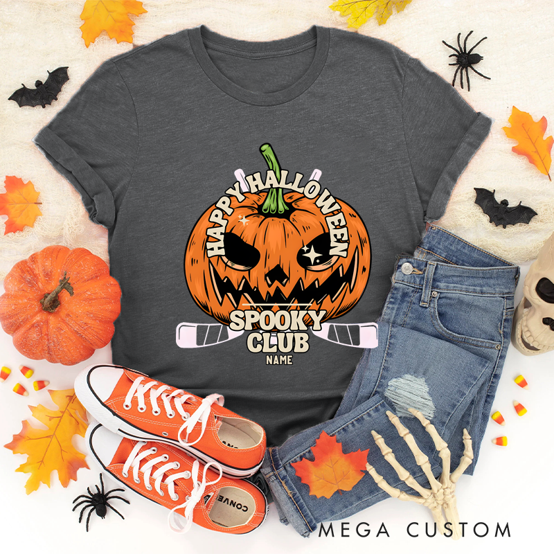 Personalized Halloween Hockey T-Shirt with Pumpkin Face and Custom Club Name Design