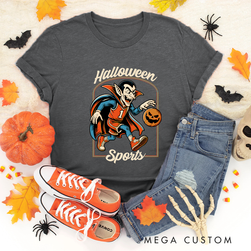 Personalized Halloween Basketball T-Shirt with Vampire, Pumpkin Ball, and Custom Number Design