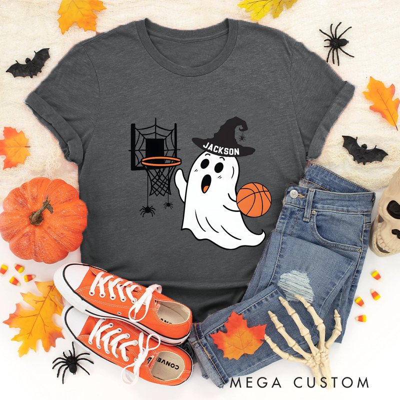 Personalized Halloween Basketball T-Shirt with Ghost, Hoop, and Custom Name Design