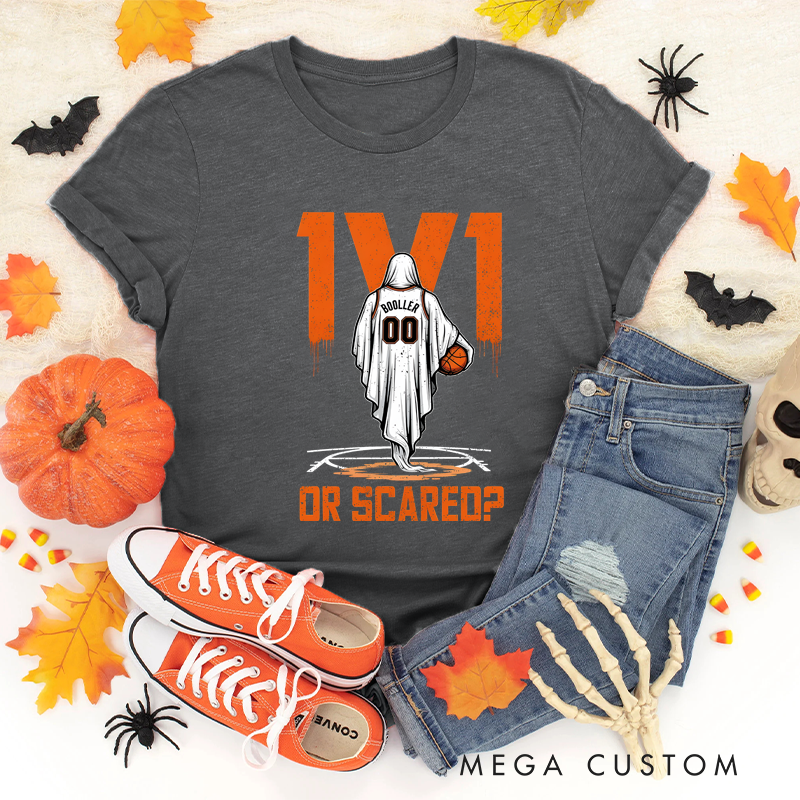 Personalized Halloween Basketball T-Shirt with Ghost Player, Custom Name, and Number Design