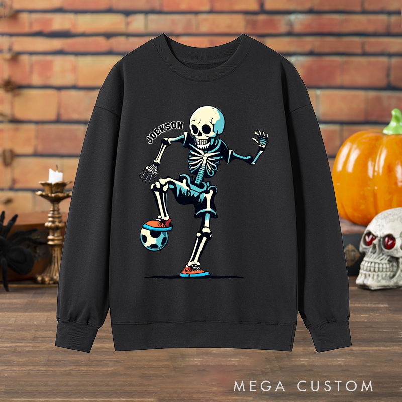 Personalized Halloween Soccer Sweatshirt with Skeleton Player and Custom Name Design