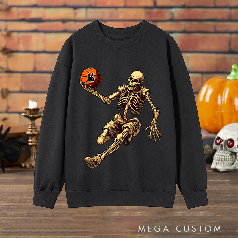 Personalized Halloween Basketball Sweatshirt with Skeleton Player and Custom Number Design