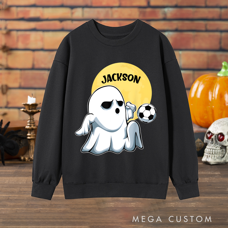 Personalized Halloween Soccer Sweatshirt with Ghost Player and Custom Name Design