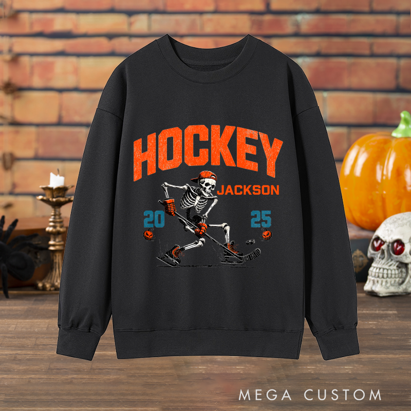 Personalized Halloween Hockey Sweatshirt with Skeleton Player, Custom Name, and Year Design
