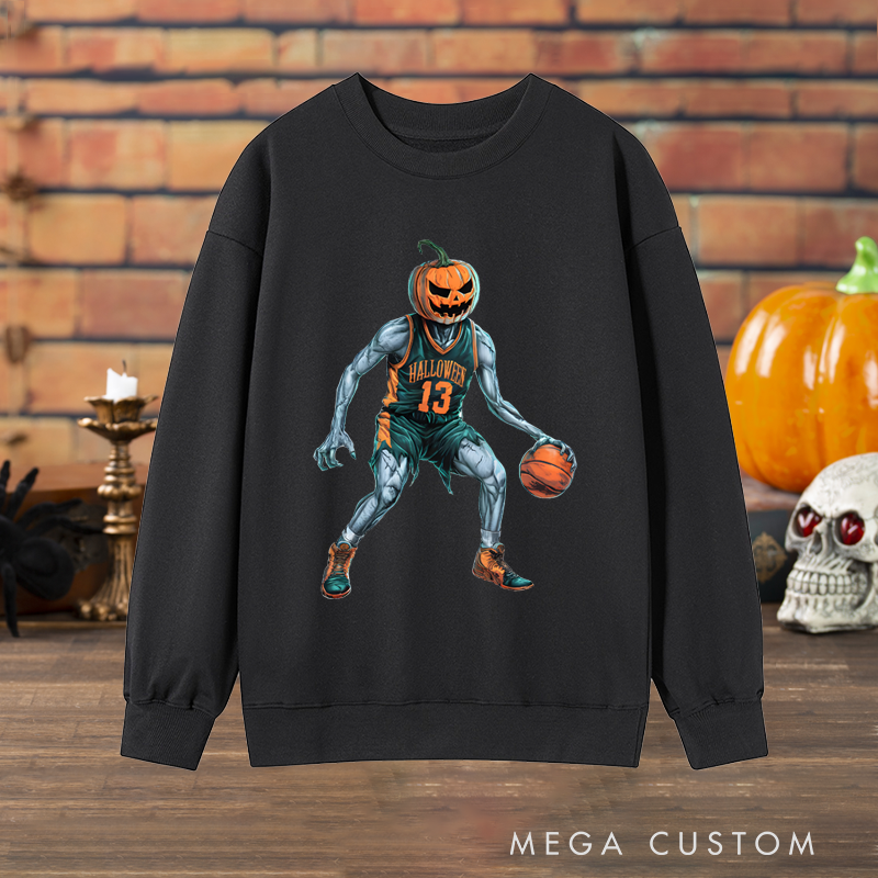 Personalized Halloween Basketball Sweatshirt with Pumpkin Head Player and Custom Number Design