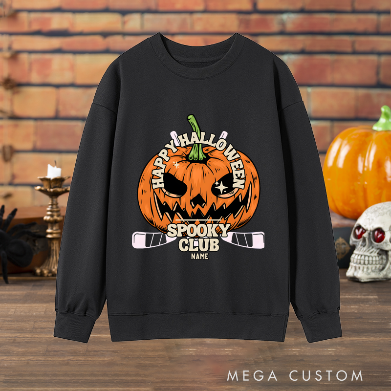 Personalized Halloween Pumpkin Sweatshirt with Spooky Club Theme and Custom Name Design