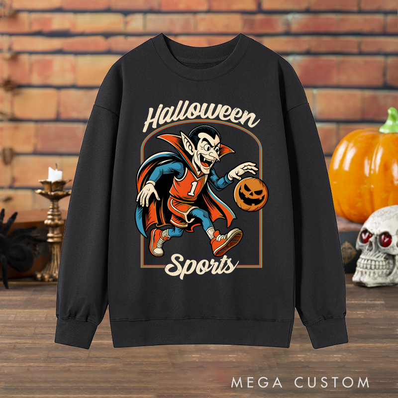 Personalized Halloween Sports Basketball Sweatshirt with Vampire Player, Pumpkin Ball, and Custom Number Design
