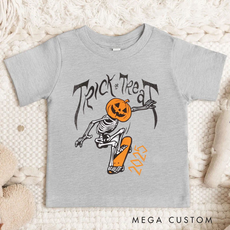 Personalized Trick or Treat Skeleton Pumpkin Halloween Kids T-Shirt
