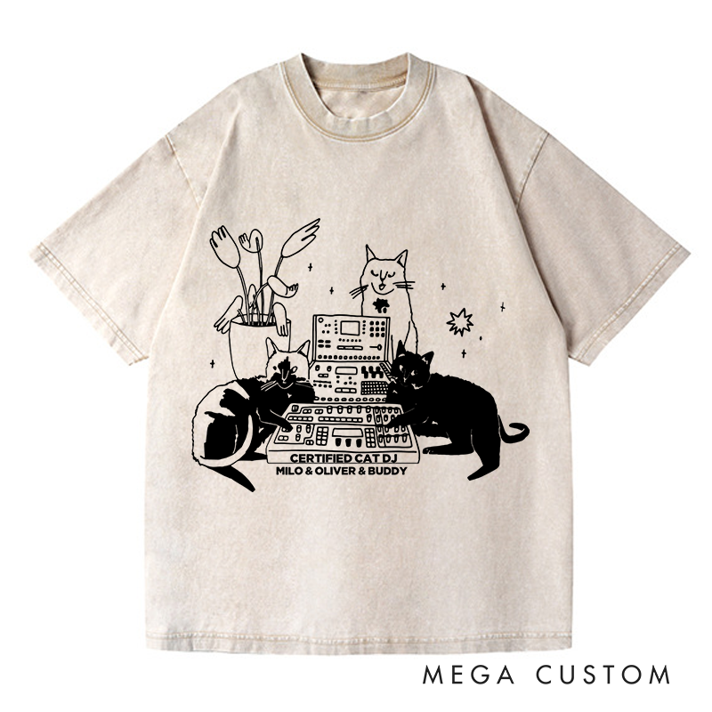 Personalized  Washed T-Shirts with Cat Sitting on Synthesizer and DJ Cat Illustration and Available in Multiple Colors