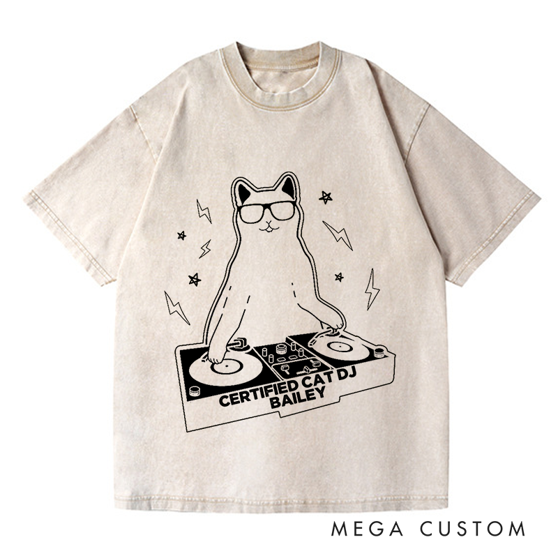 Personalized  Washed T-Shirts Funny Cat DJ Turntable T-Shirt