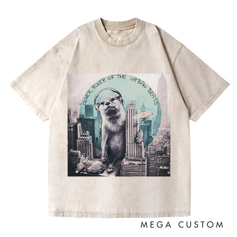 Personalized  Washed T-Shirts Funny Otter DJ Skyline Design and Unique Otter DJ Music Lover T-Shirt