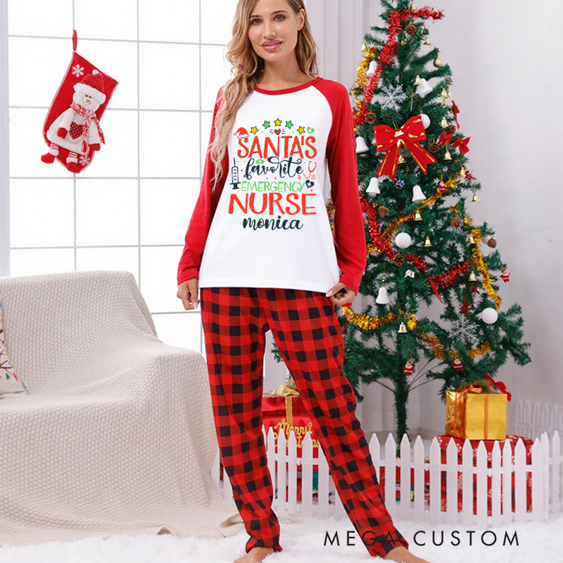 Personalized Nurse Christmas Pajama Sets Custom Santa's Favorite Emergence Nurse Design Pajamas Xmas Gift