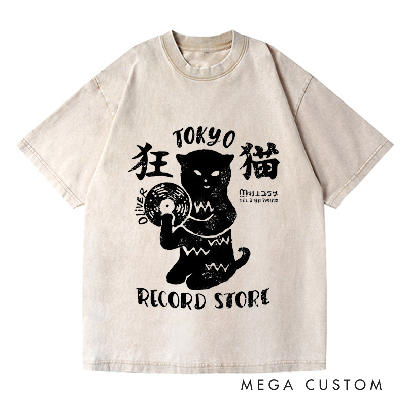 Personalized Washed T-Shirts Tokyo Record Store T-Shirt Vinyl Record Player Cool Vintage Rock Tee DJ Graphic Melting Band Music Tee