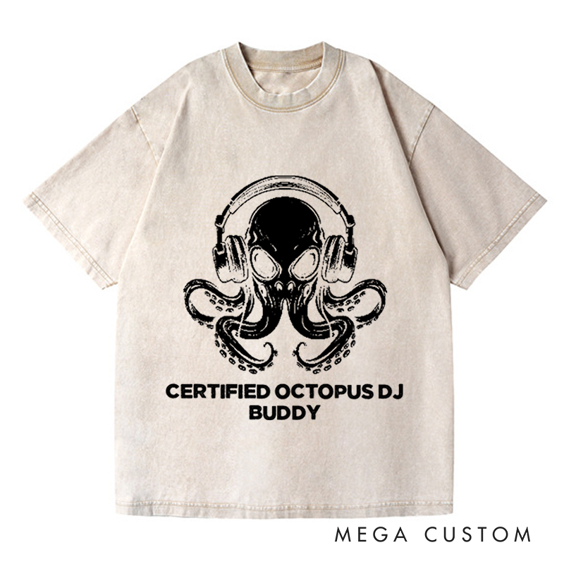 Personalized Washed T-Shirts Unique Octopus DJ Music Lover and Cool Octopus DJ Headphones Art T-Shirt