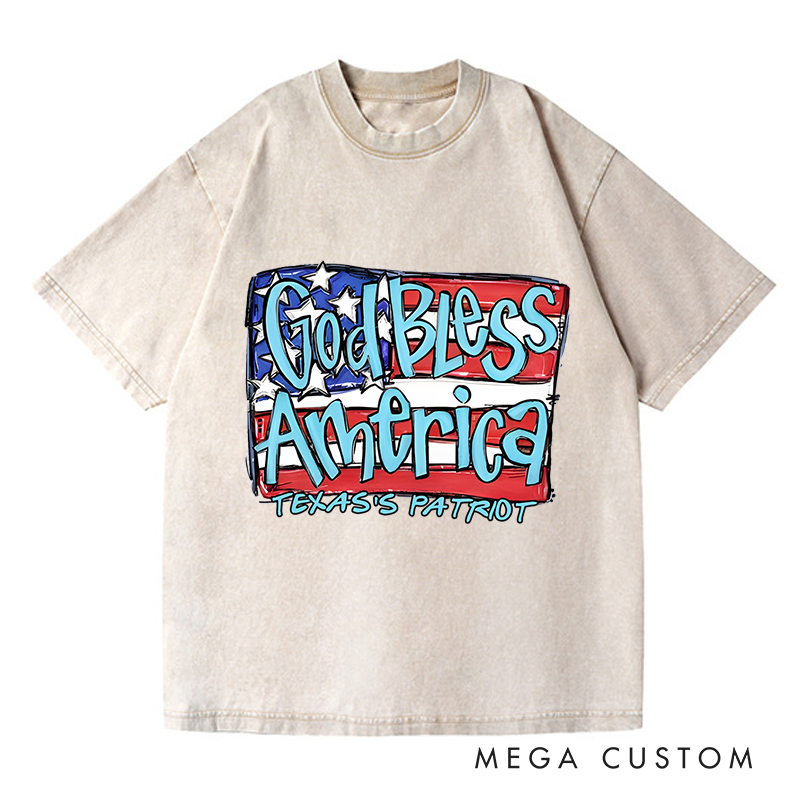 Personalized Washed T-Shirts God Bless America Patriotic and Red White and Blue American Flag T-Shirt