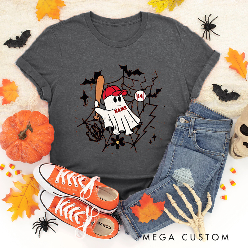 Personalized Halloween Ghost Baseball T-Shirt with Custom Name and Number 