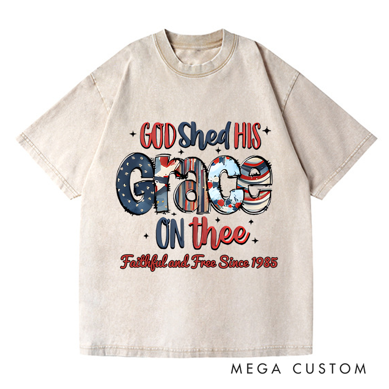 Personalized Washed T-Shirts God Shed His Grace on Thee and Red White and Blue American Flag T-Shirt