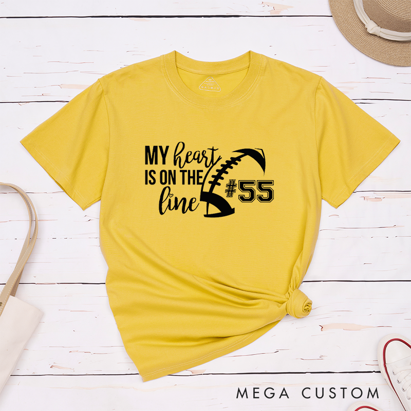 Personalized American Football and Rugby T-Shirts for "My Heart is on the Line" with Custom Jersey Number