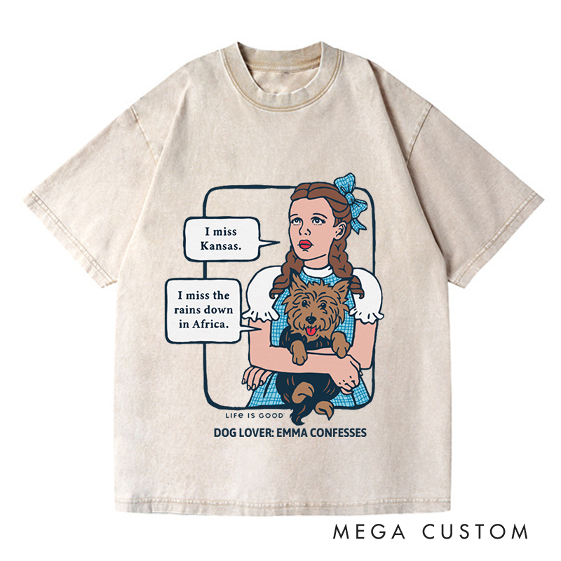 Personalized Washed T-Shirts Whimsical Dog Lover Retro Design and Music Lover T-Shirt