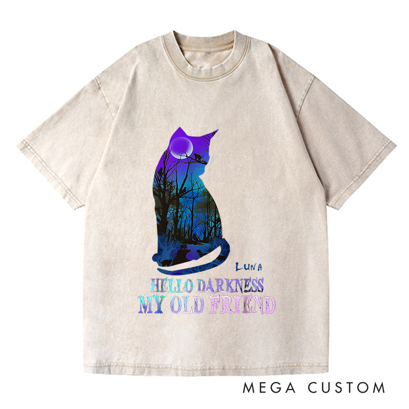 Personalized Washed T-Shirts Hello Darkness My Old Friend and Halloween Mystical Cat and Moonlit Forest Graphic T-Shirt