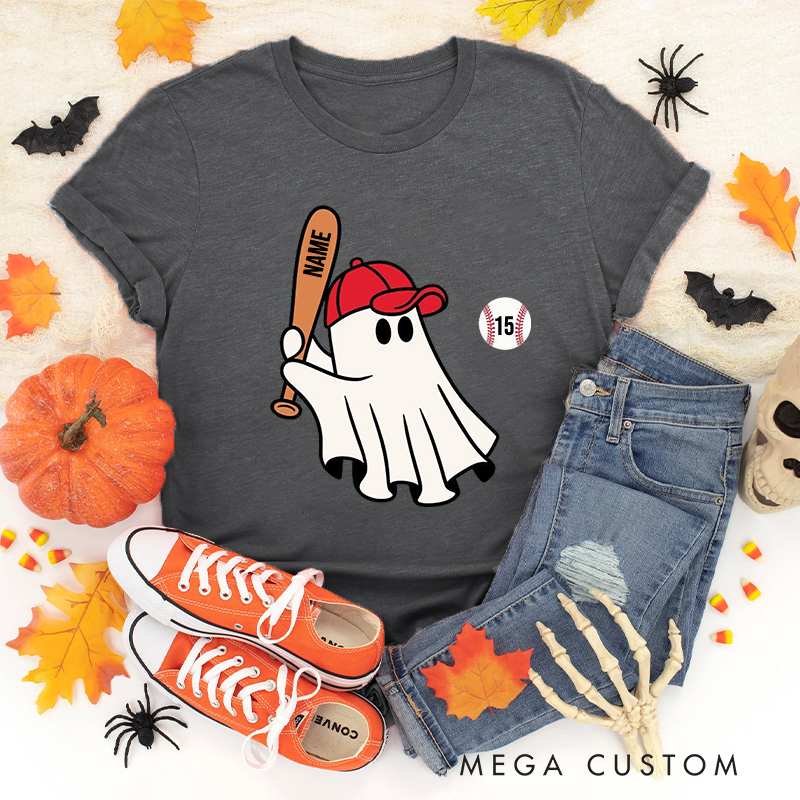 Personalized Halloween T-Shirt with Ghost Holding Bat Custom Text 