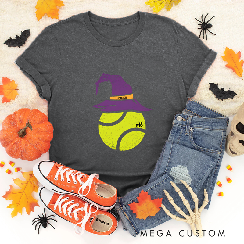 Personalized Halloween Tennis T-Shirt with Witch Hat, Custom Name, and Number