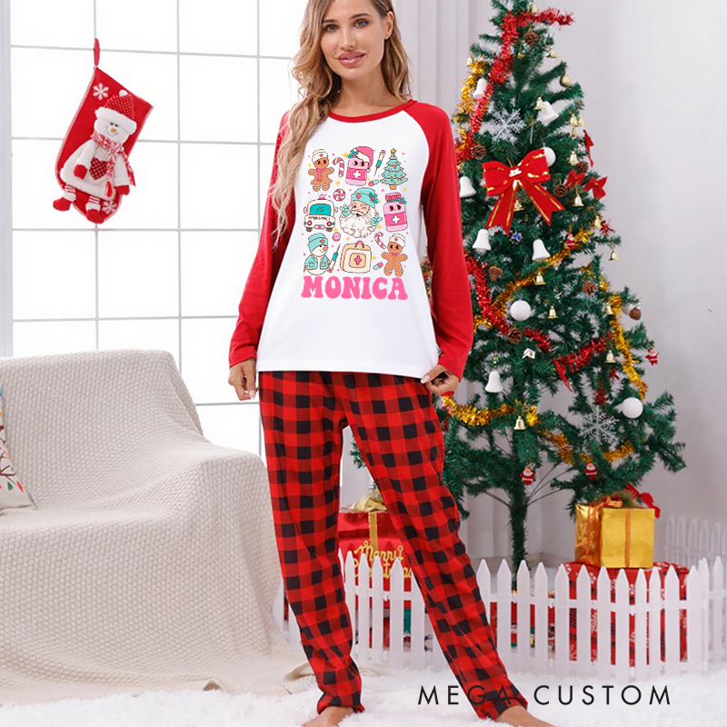 Personalized Nurse Christmas Pajama Sets Custom Festive Nurse Themed Christmas Design Pajamas Xmas Gift