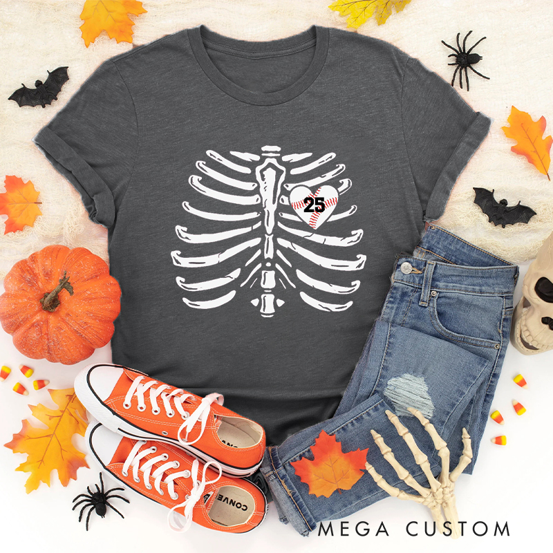 Personalized Custom Skeleton Ribcage T-Shirt with Custom Number and Heart Design  
