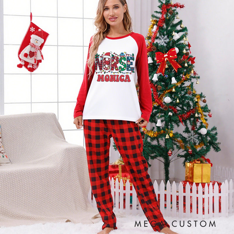 Personalized Nurse Christmas Pajama Sets Custom Nurse Christmas Lights Design Pajamas Xmas Gift