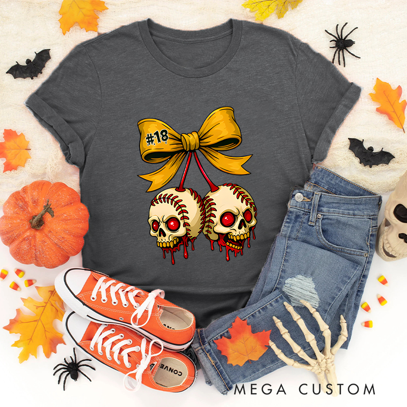 Personalized Halloween Themed Shirt with Skull Baseballs and Custom Number