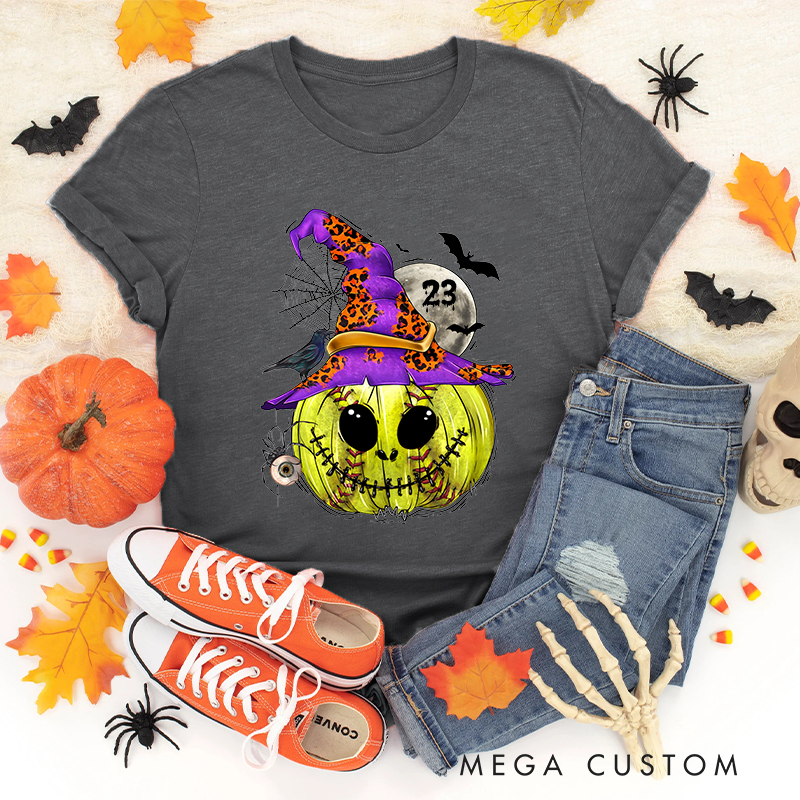 Personalized Enchanted Softball Pumpkin Witch T-Shirt with Custom Number