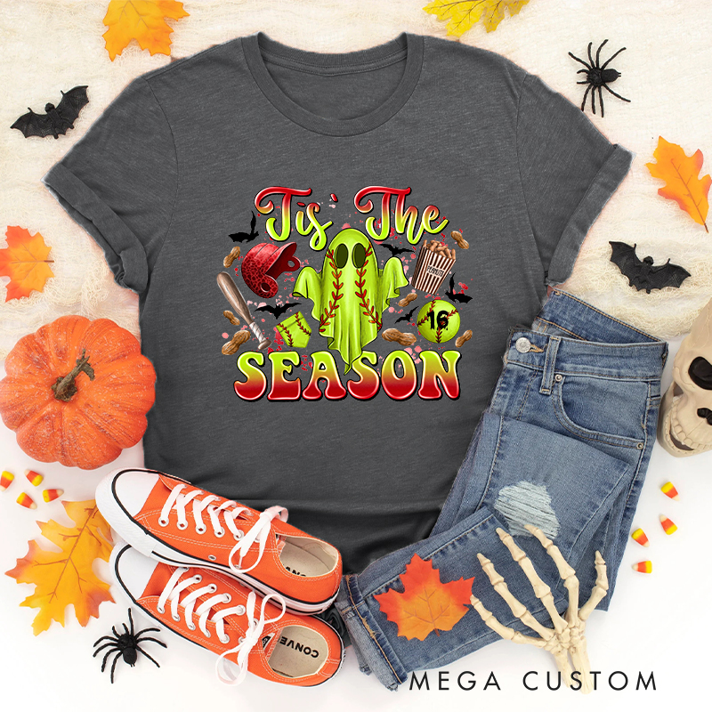 Personalized Halloween Softball Ghostly Cheer t-shirt with Custom Number