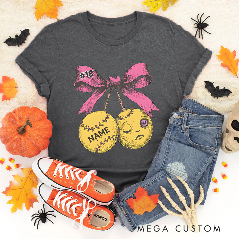 Personalized Halloween Baseball T-Shirt with Custom Name and Pink Bow Design  