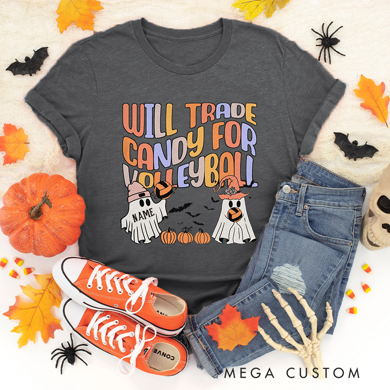  Personalized "Will Trade Candy for Volleyball" Shirt with Customizable Details 