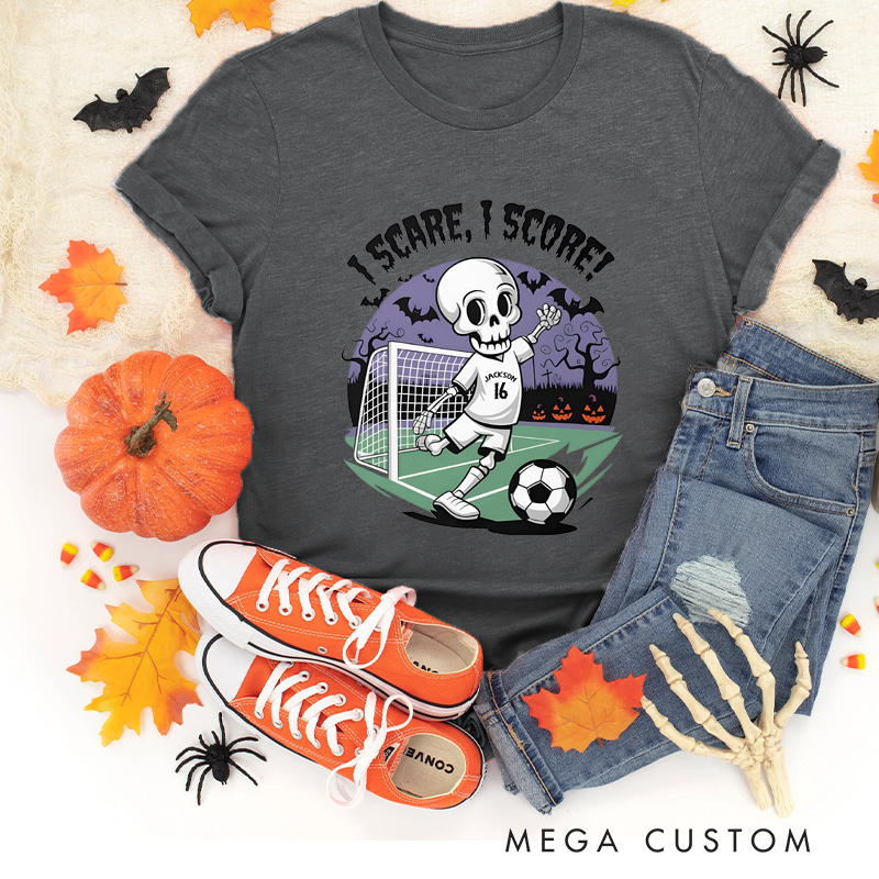 Personalized Halloween Soccer T-Shirt with Skeleton Design, Custom Name, and Number