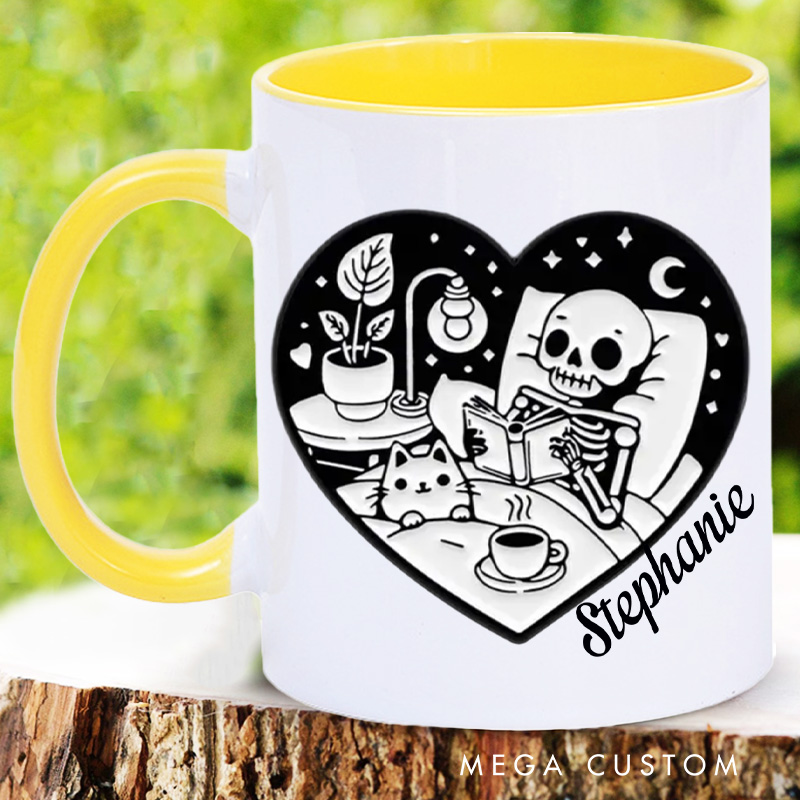 Personalized Skeleton Reading Book Mugs Custom Heart Shape Around Skeleton and Cat with Name Book Lover Gift Librarian Gift Halloween Gift