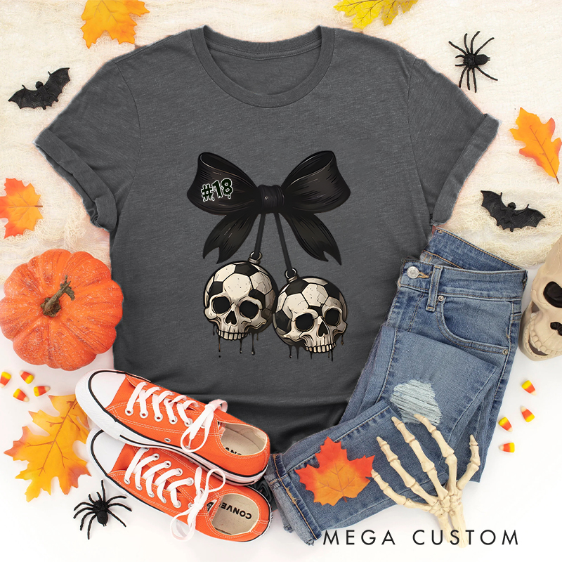 Personalized Spooky Soccer T-Shirt Featuring Custom Number and Skull Graphics 