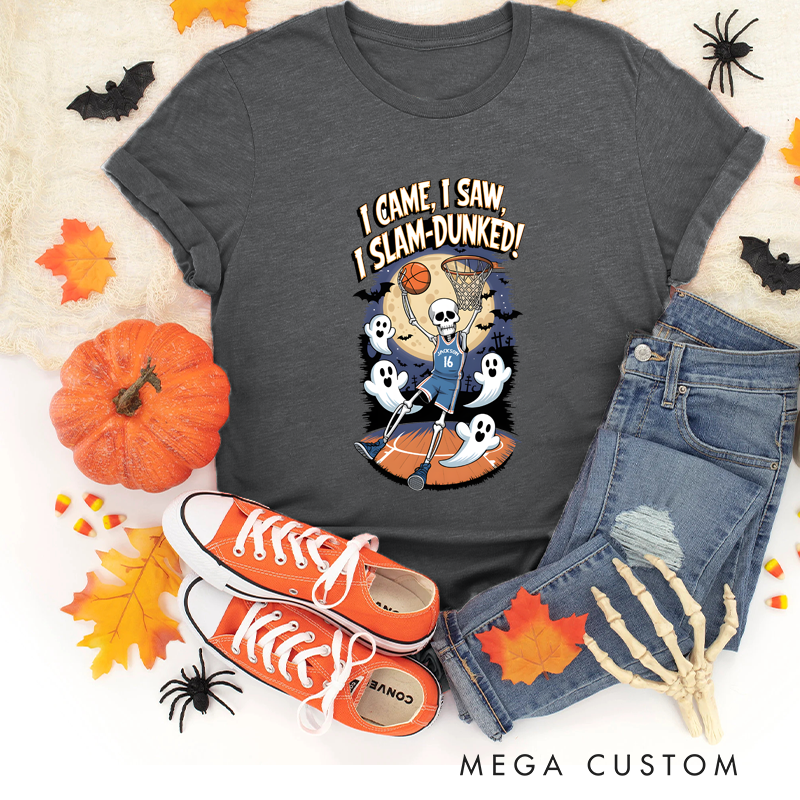 Personalized Halloween Basketball T-Shirt with Skeleton Design, Custom Name, and Number