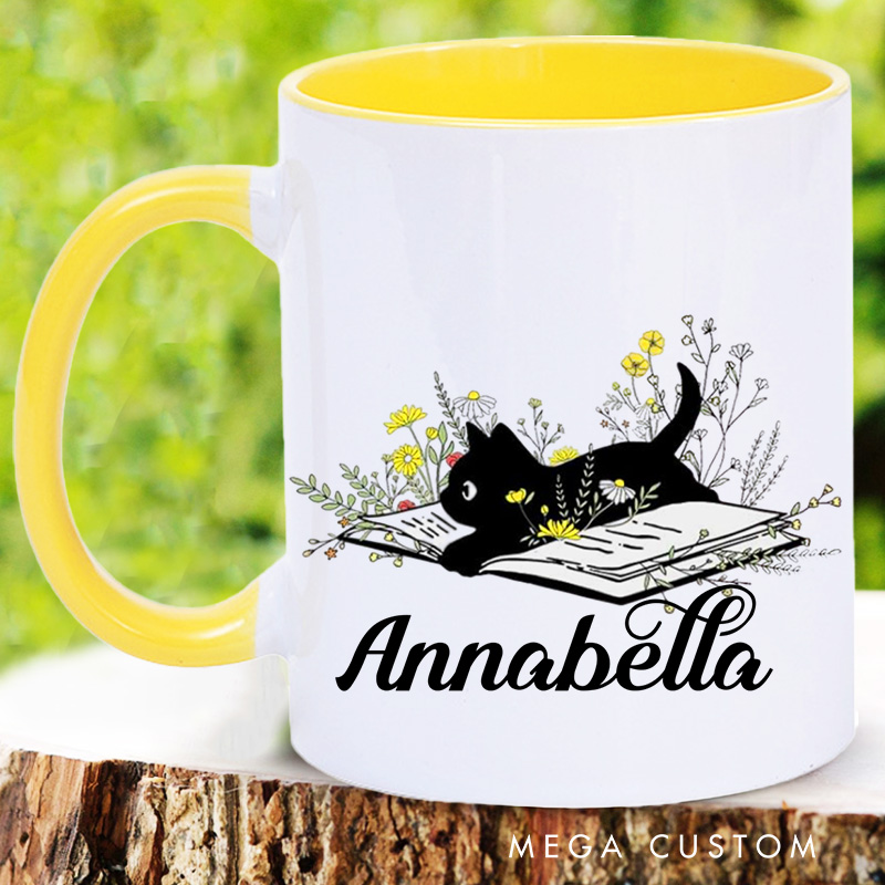 Personalized Black Cat and Book Mugs Custom Flower Book Coffee Mug with Name Librarian Mug Book Lover Gift Bookish Gift Librarian Gift