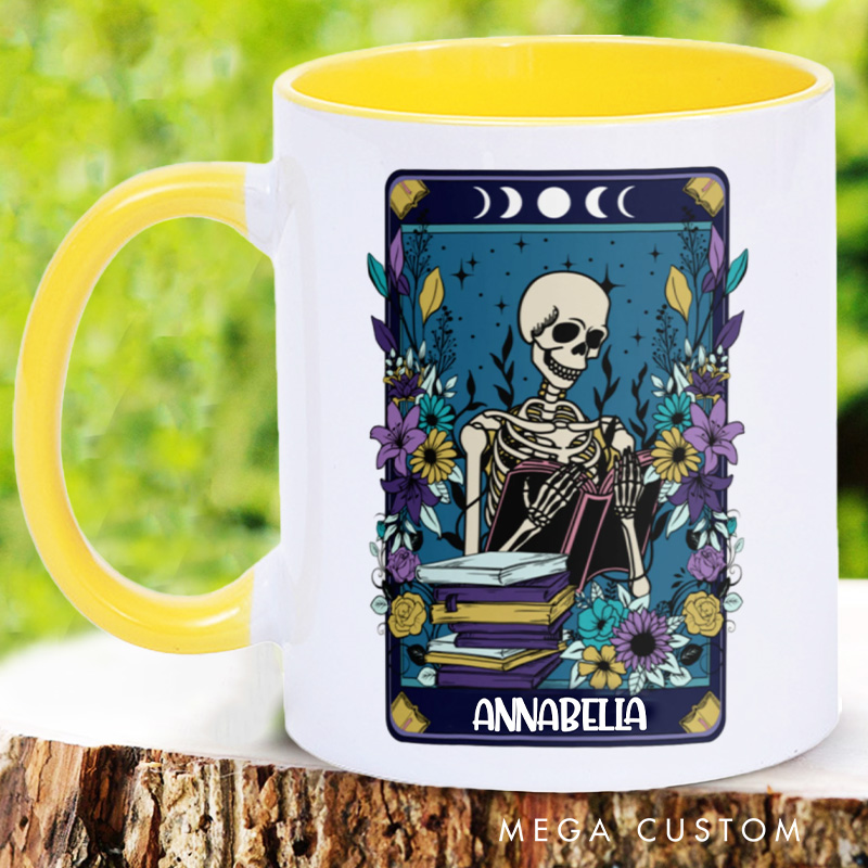 Personalized Skeleton Tarot Card Mugs Custom Skeleton Reader Coffee Mug with Name Halloween Librarian Mug Book Lover Gift for Bookish Halloween Gift