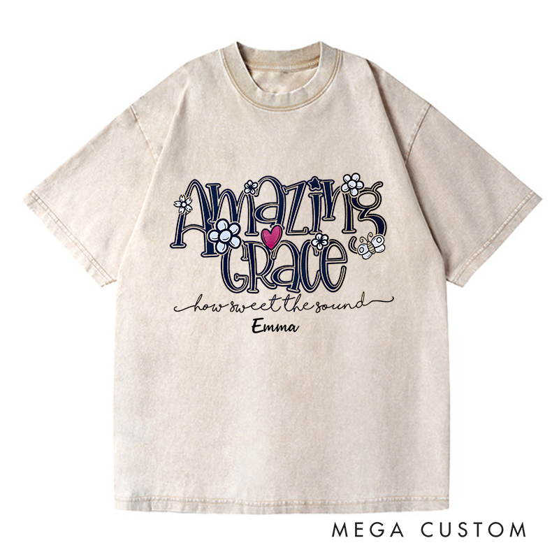 Personalized Washed T-Shirts Amazing Grace How Sweet the Sound Floral Design T-Shirt