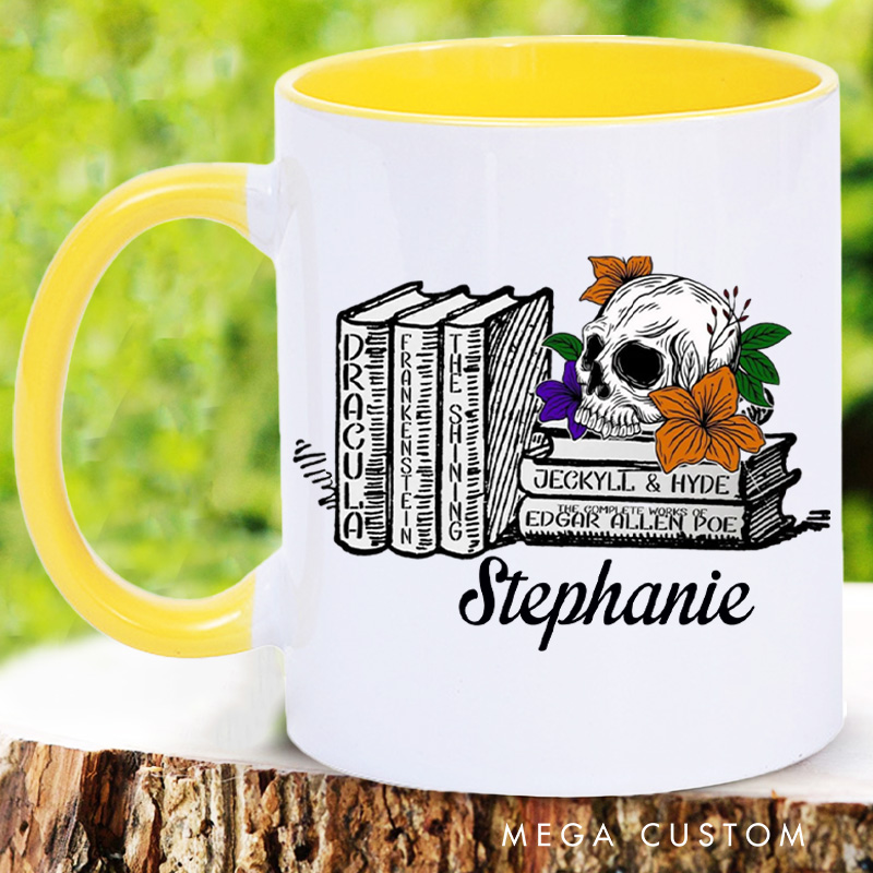 Personalized Spooky Book Mugs Custom Floral Skull Coffee Mug with Name Halloween Librarian Mug Book Lover Gift for Bookish Halloween Gift