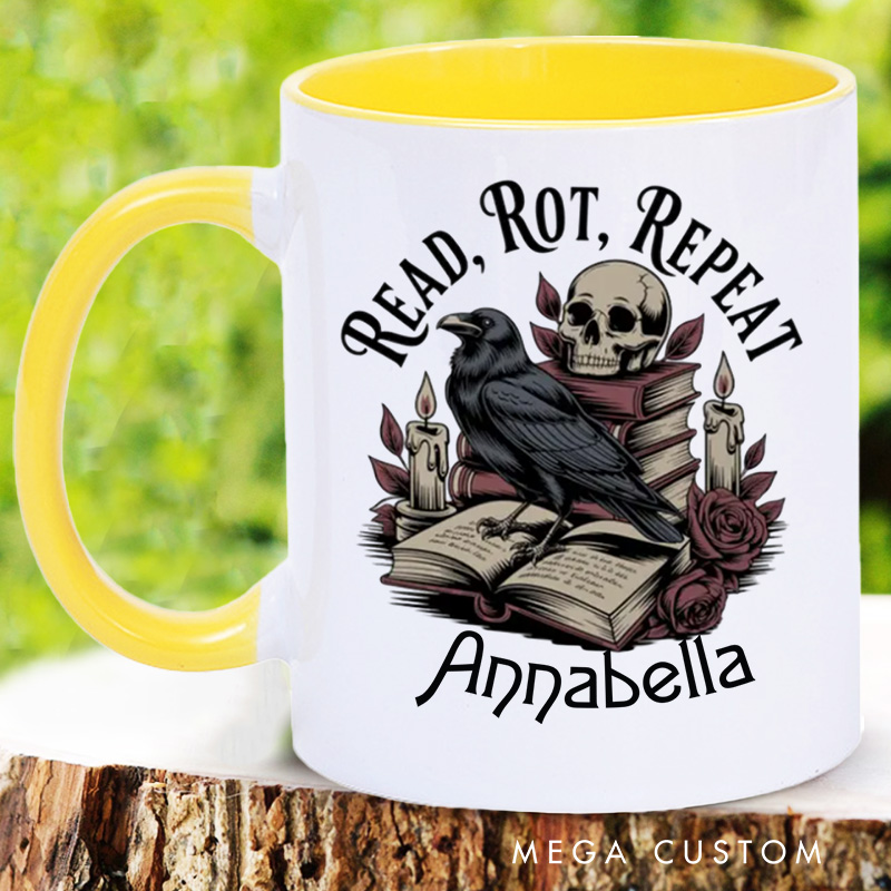 Personalized Read Rot Repeat Mugs Gothic Raven Skull Coffee Mug with Name Halloween Coffee Cup Book Lover Gift for Bookish Gift