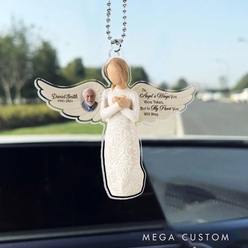 Personalized Photo Rear View Mirror Accessory On Angel's Wings You Were Taken But In My Heart You Will Stay Memorial Ornament Custom Acrylic Ornament 