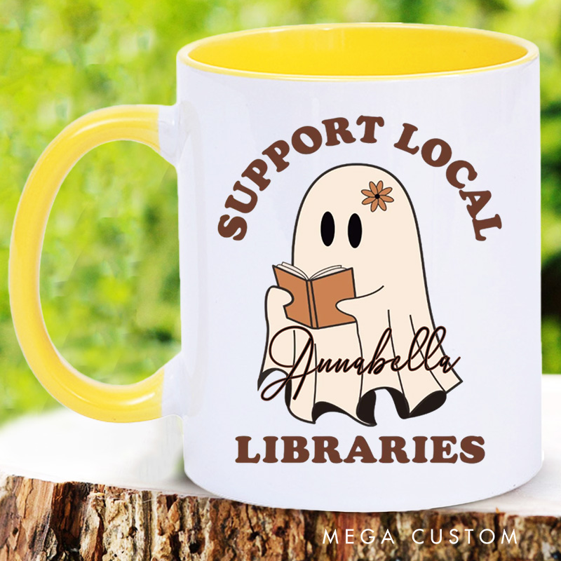 Personalized Support Local Libraries Mugs Custom Ghost Reading Coffee Mug with Name Librarian Mug Book Lover Gift for Bookish Gift