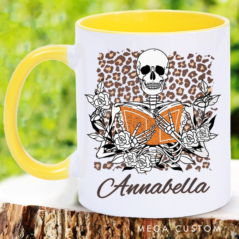 Personalized Skeleton Reading Mugs Custom Flower Skeleton Coffee Mug with Name Leopard Print Mug Book Lover Gift for Bookish Gift