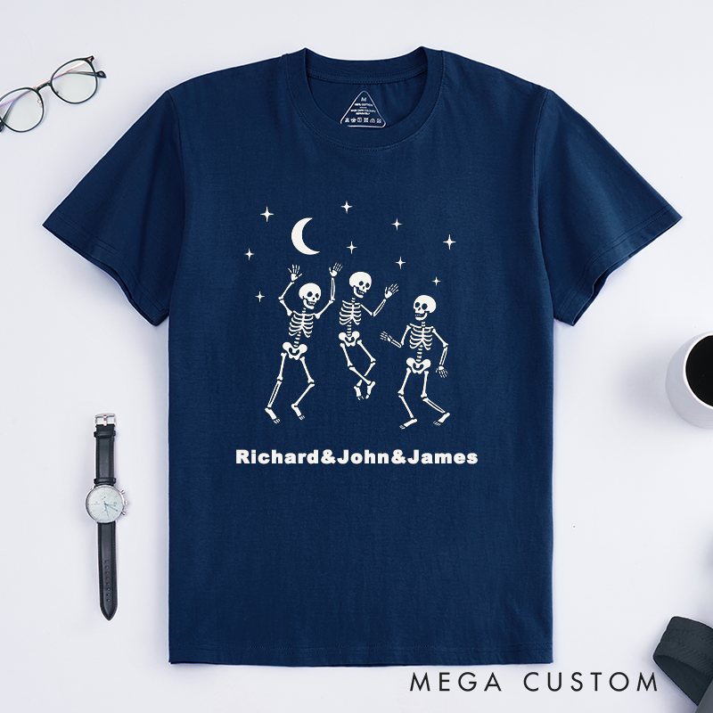 Personalized Dancing Skeletons Halloween T-Shirts Unique Graphic Custom Name Gift for Men Funny Spooky Shirt for Friends and Skeleton Lovers
